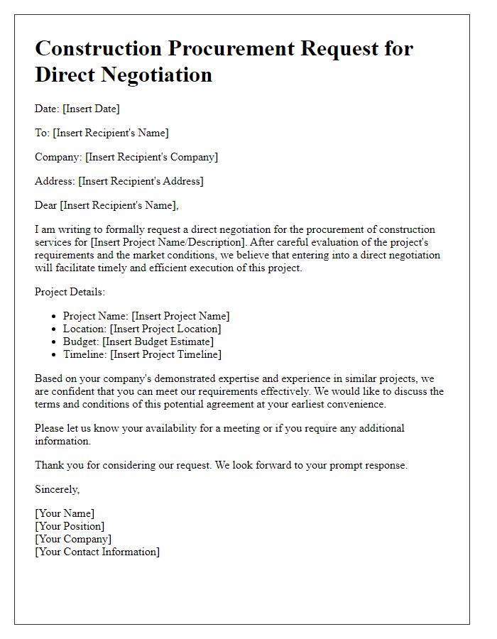 Letter template of construction procurement request for direct negotiation.