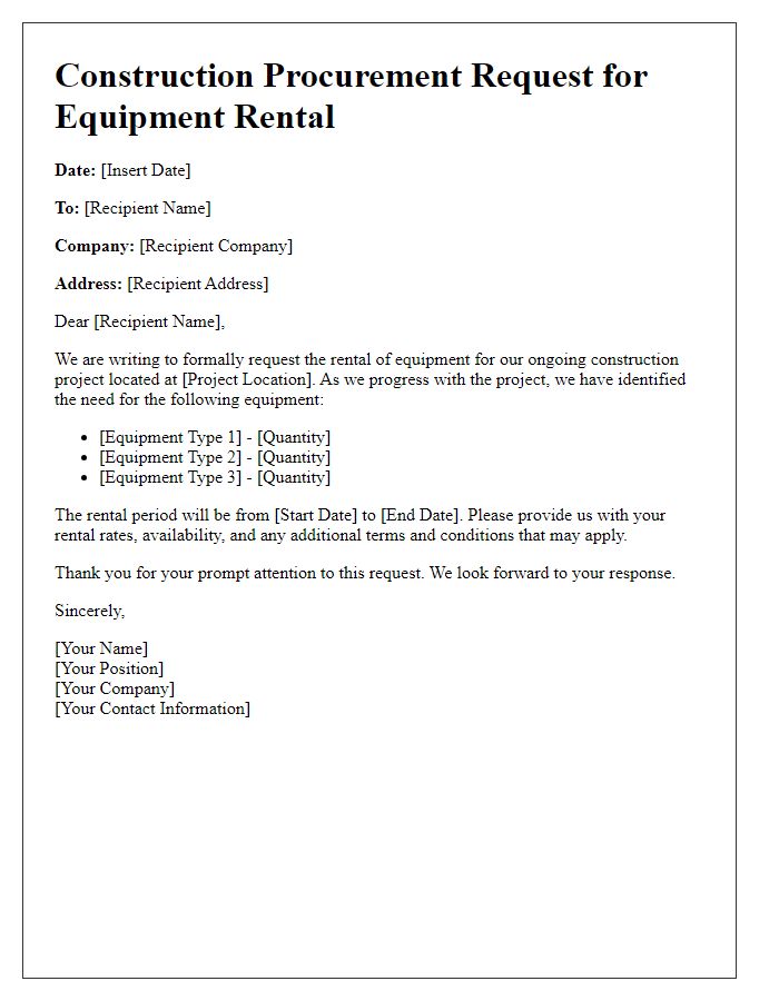 Letter template of construction procurement request for equipment rental.