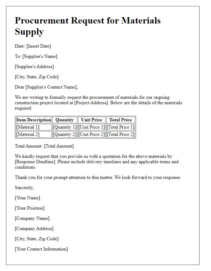 Letter template of construction procurement request for materials supply.