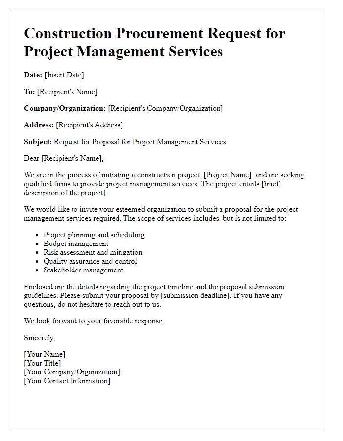 Letter template of construction procurement request for project management services.