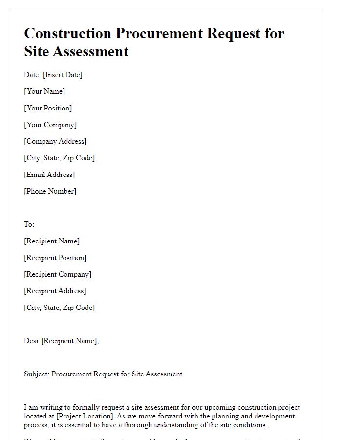 Letter template of construction procurement request for site assessment.