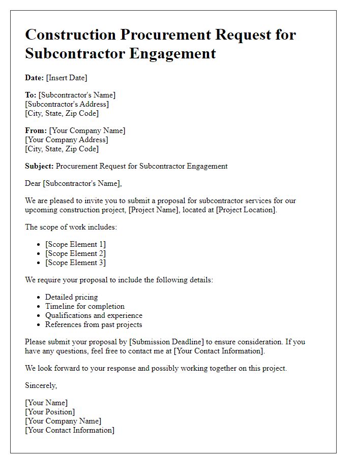 Letter template of construction procurement request for subcontractor engagement.