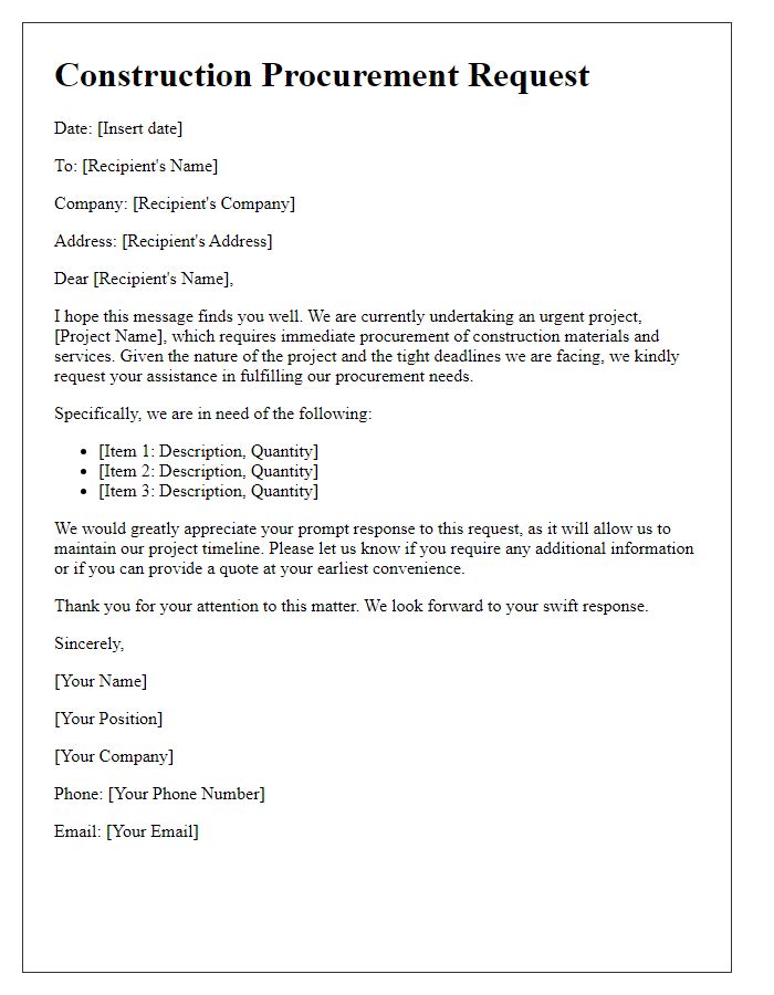 Letter template of construction procurement request for urgent project needs.