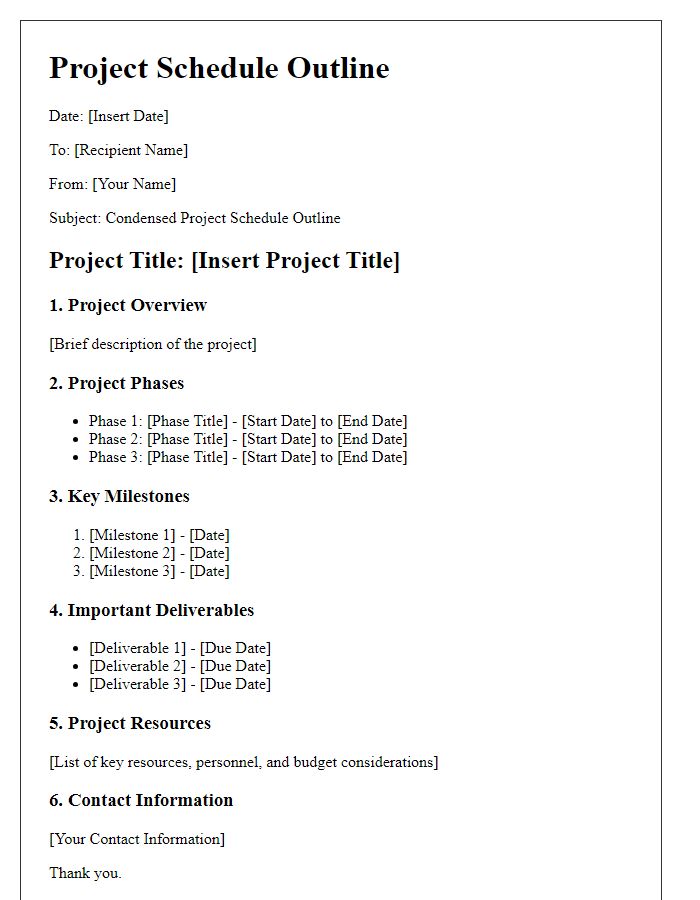 Letter template of condensed project schedule outline