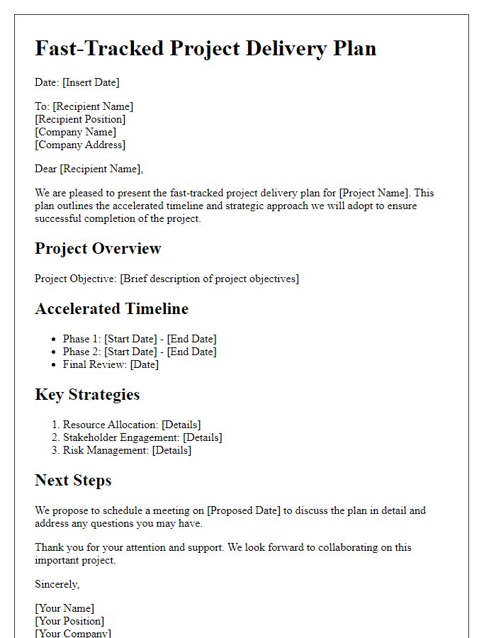Letter template of fast-tracked project delivery plan