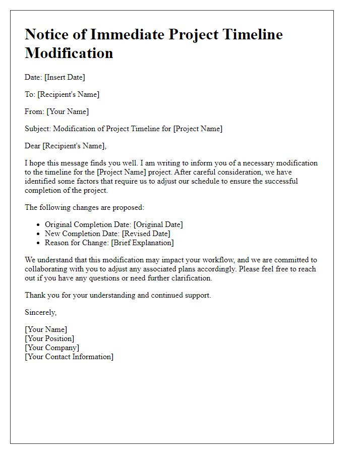 Letter template of immediate project timeline modification