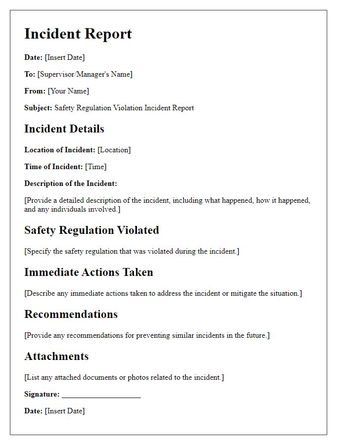 Letter template of Incident Report for Safety Regulation Violation