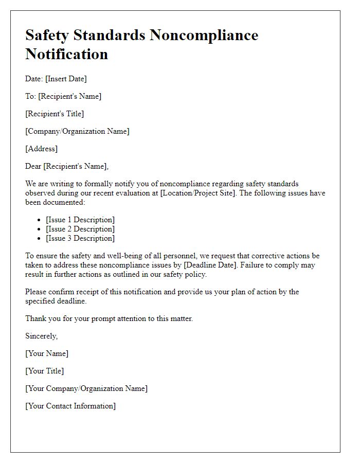 Letter template of Safety Standards Noncompliance Notification