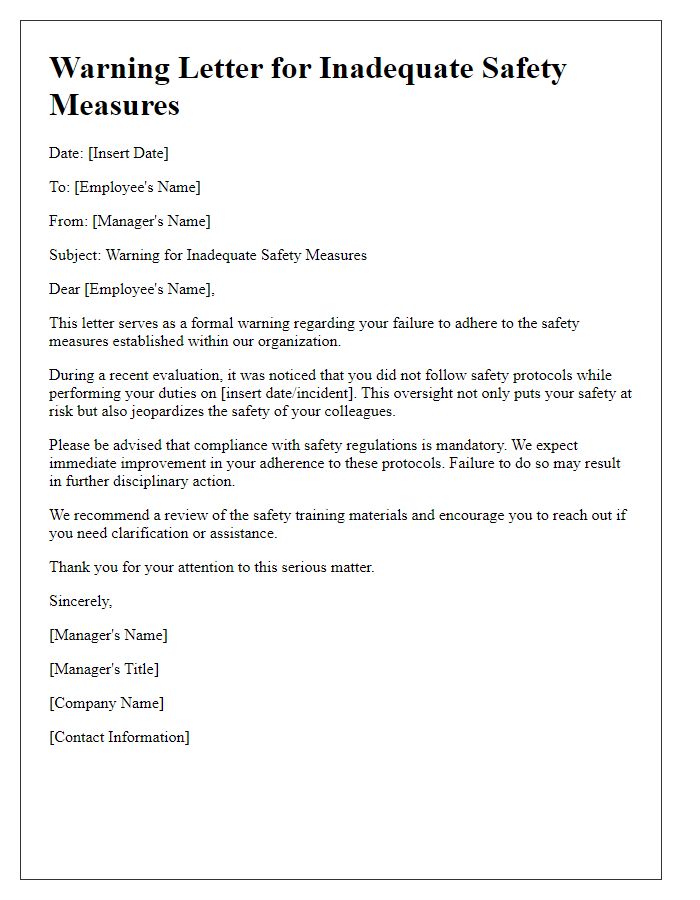 Letter template of Warning for Inadequate Safety Measures