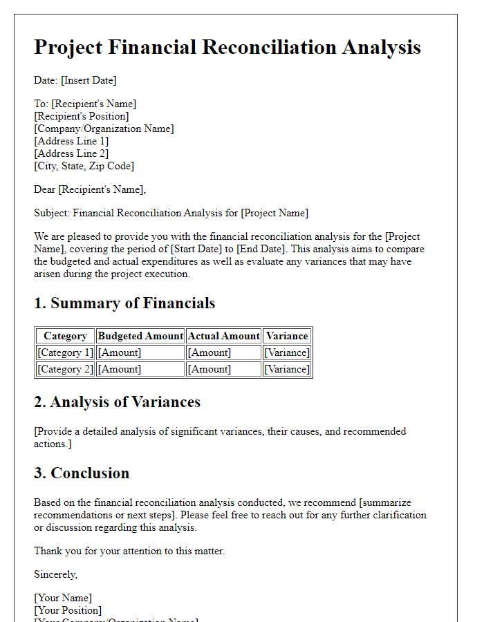 Letter template of project financial reconciliation analysis.