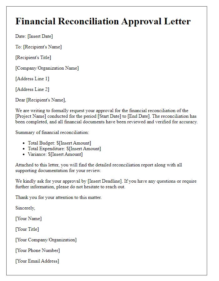 Letter template of project financial reconciliation approval.