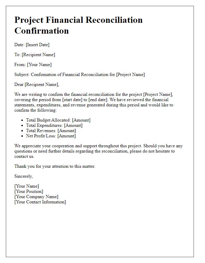 Letter template of project financial reconciliation confirmation.