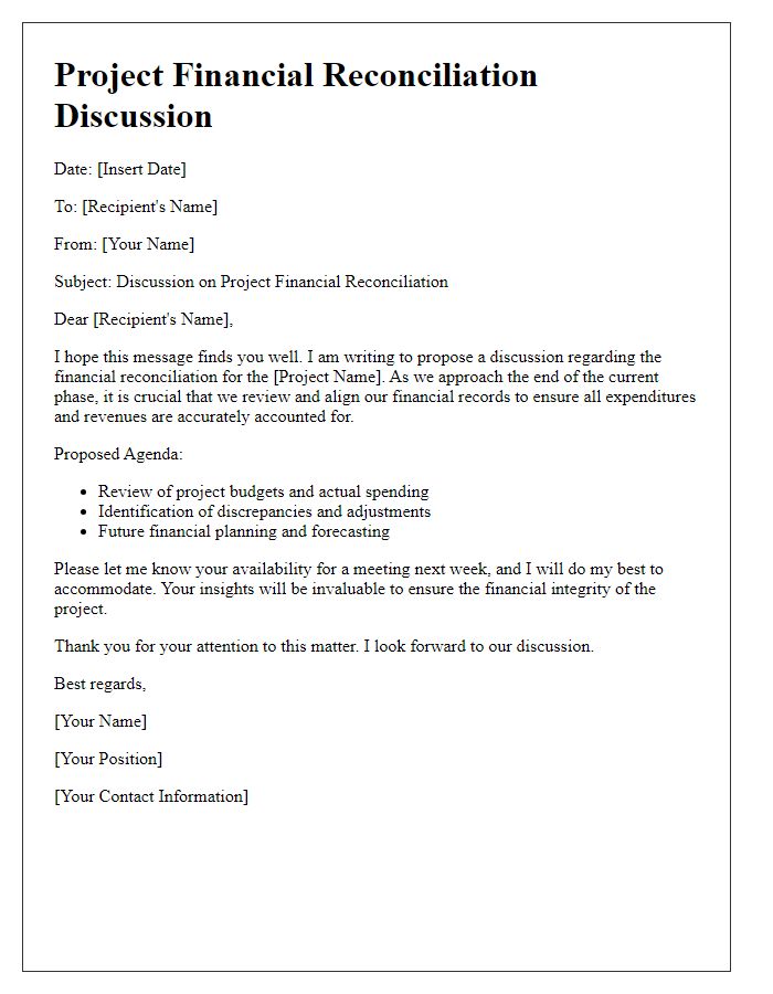 Letter template of project financial reconciliation discussion.