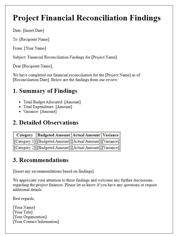 Letter template of project financial reconciliation findings.