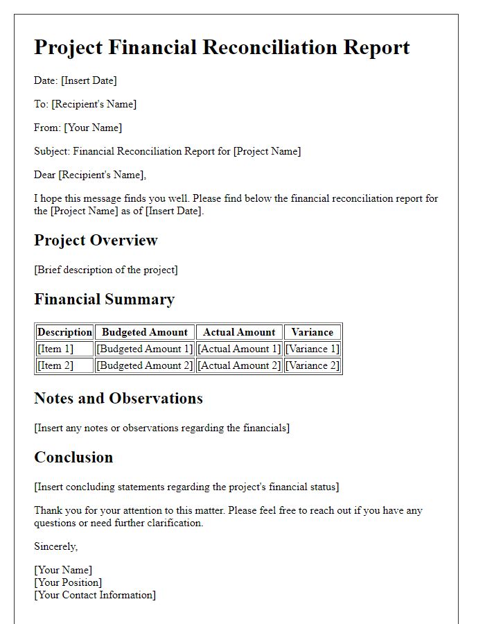 Letter template of project financial reconciliation report.