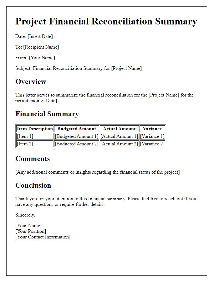 Letter template of project financial reconciliation summary.