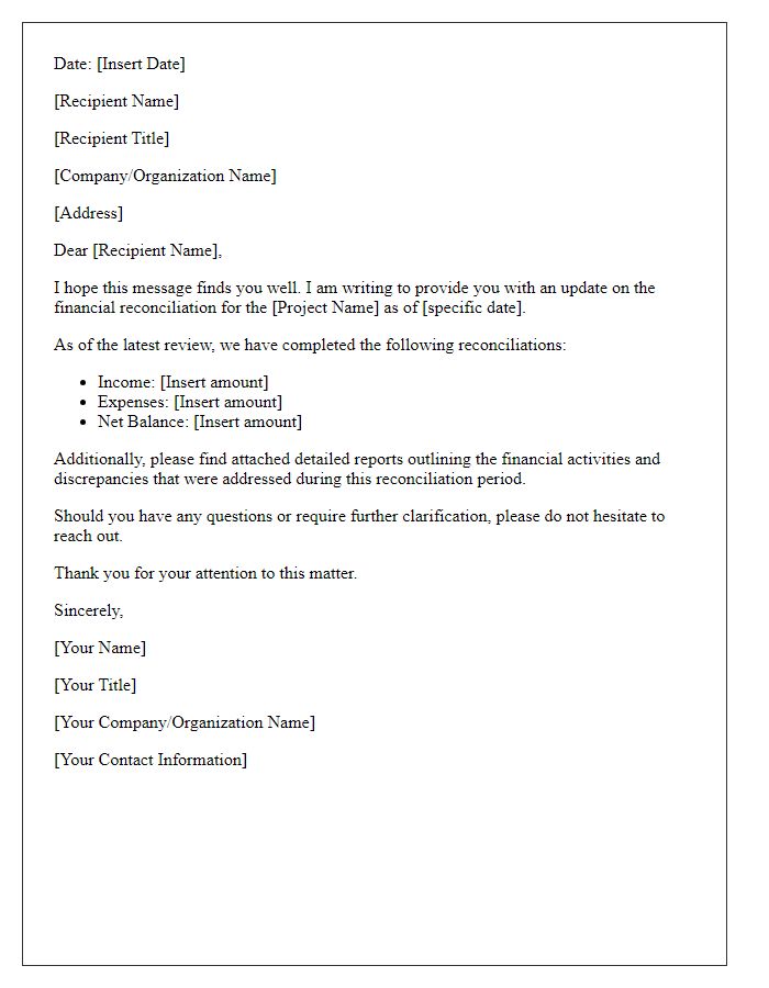 Letter template of project financial reconciliation update.