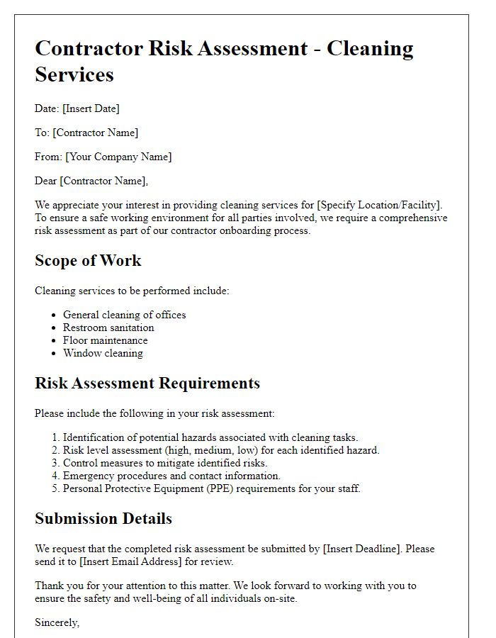 Letter template of contractor risk assessment for cleaning services