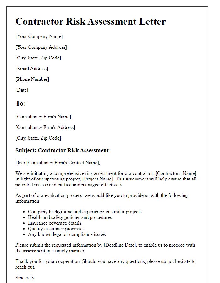 Letter template of contractor risk assessment for consultancy firms