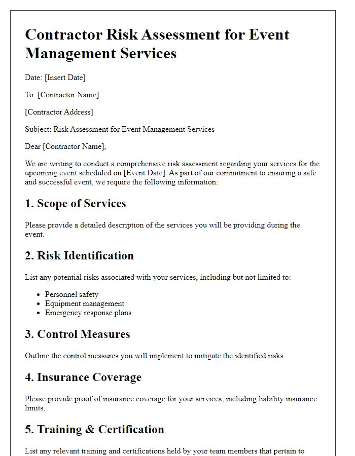 Letter template of contractor risk assessment for event management services