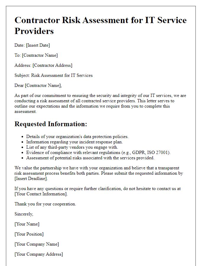 Letter template of contractor risk assessment for IT service providers