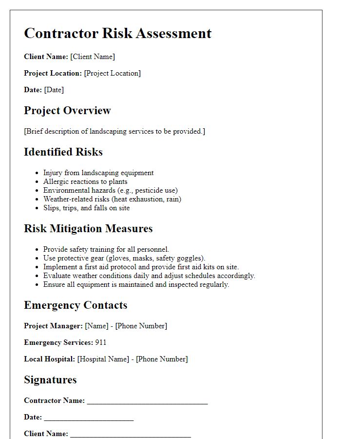 Letter template of contractor risk assessment for landscaping services