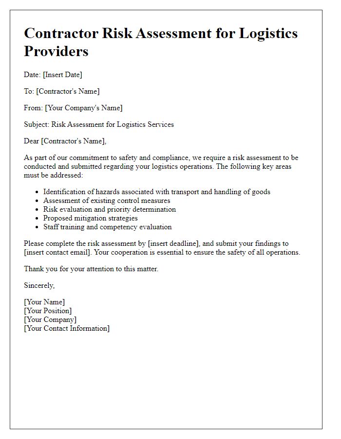 Letter template of contractor risk assessment for logistics providers