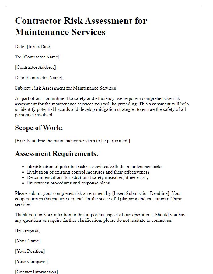 Letter template of contractor risk assessment for maintenance services