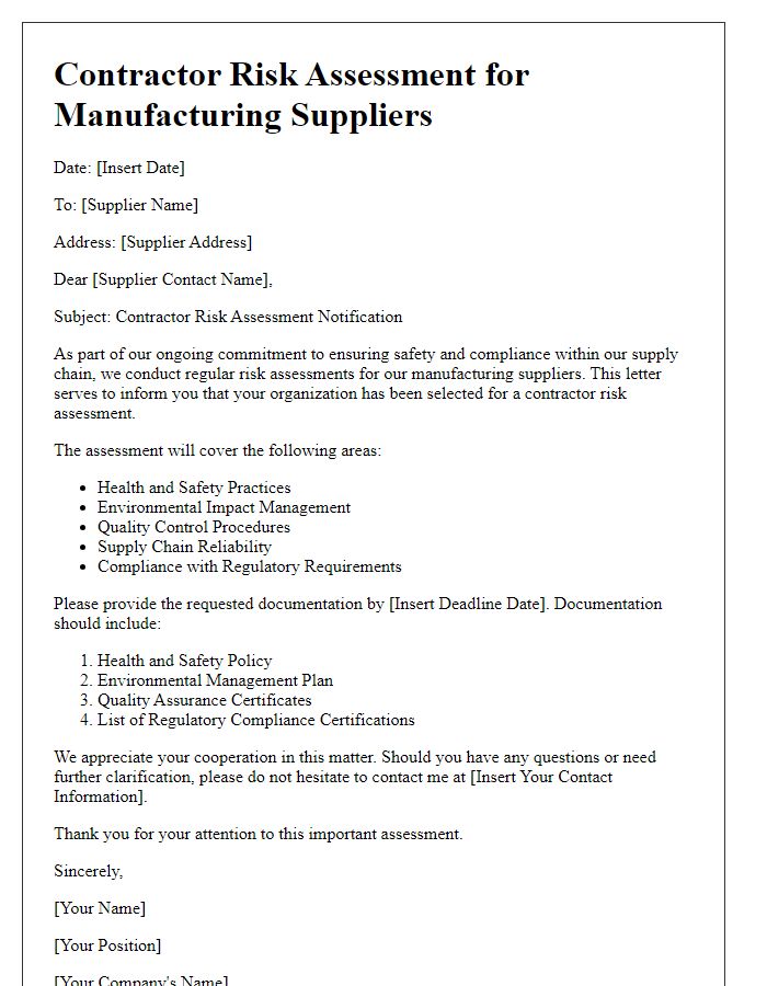 Letter template of contractor risk assessment for manufacturing suppliers