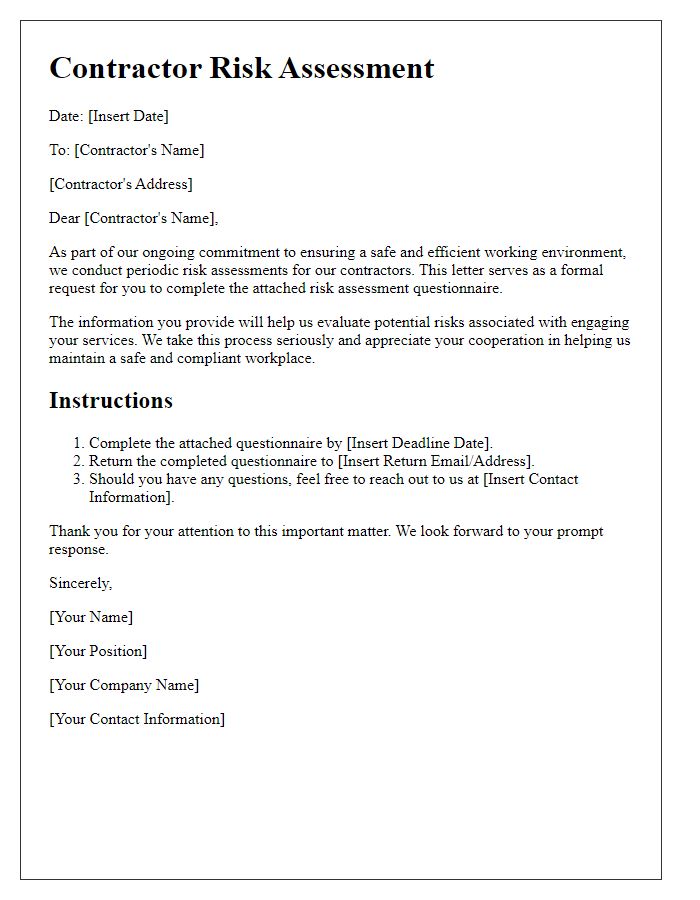 Letter template of contractor risk assessment for marketing agencies