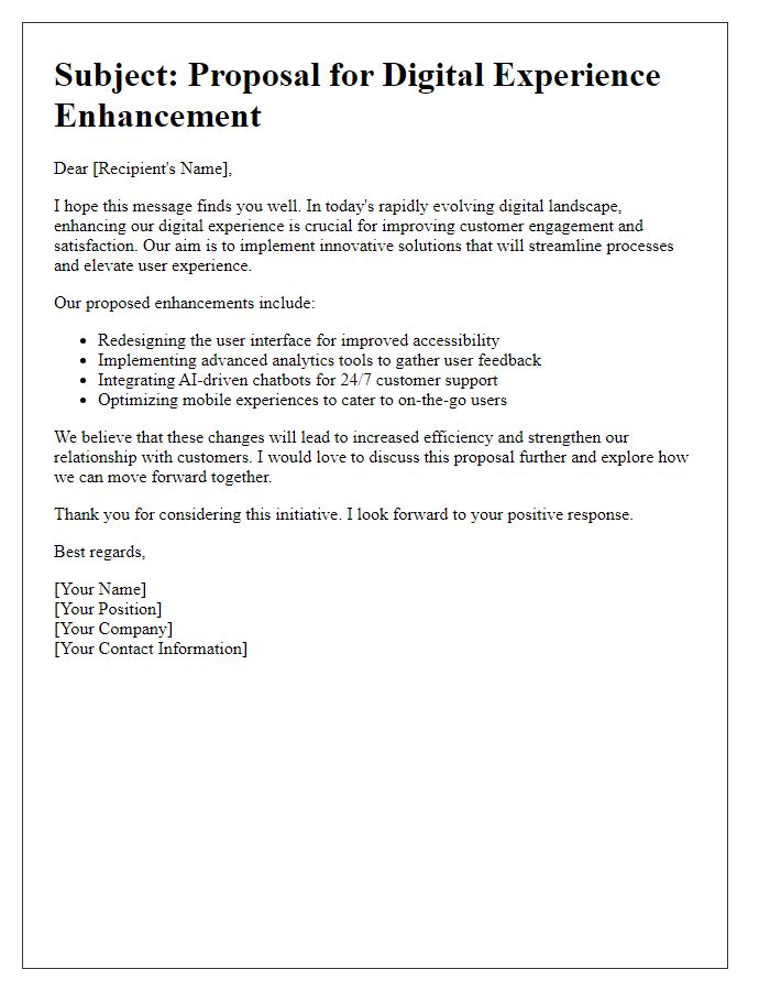 Letter template of digital experience enhancement