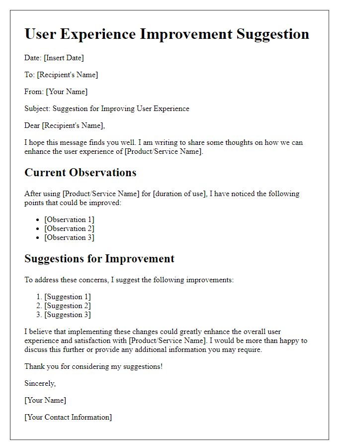 Letter template of user experience improvement suggestion