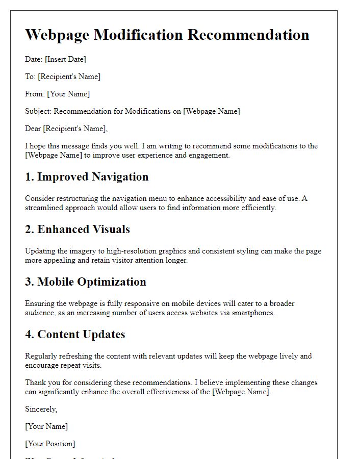Letter template of webpage modification recommendation