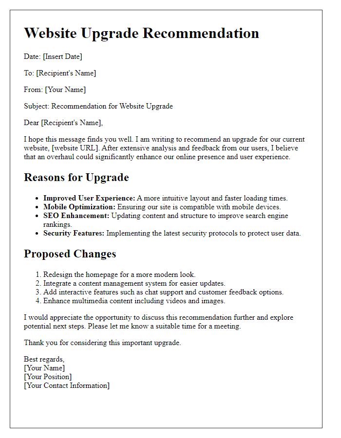 Letter template of website upgrade recommendation