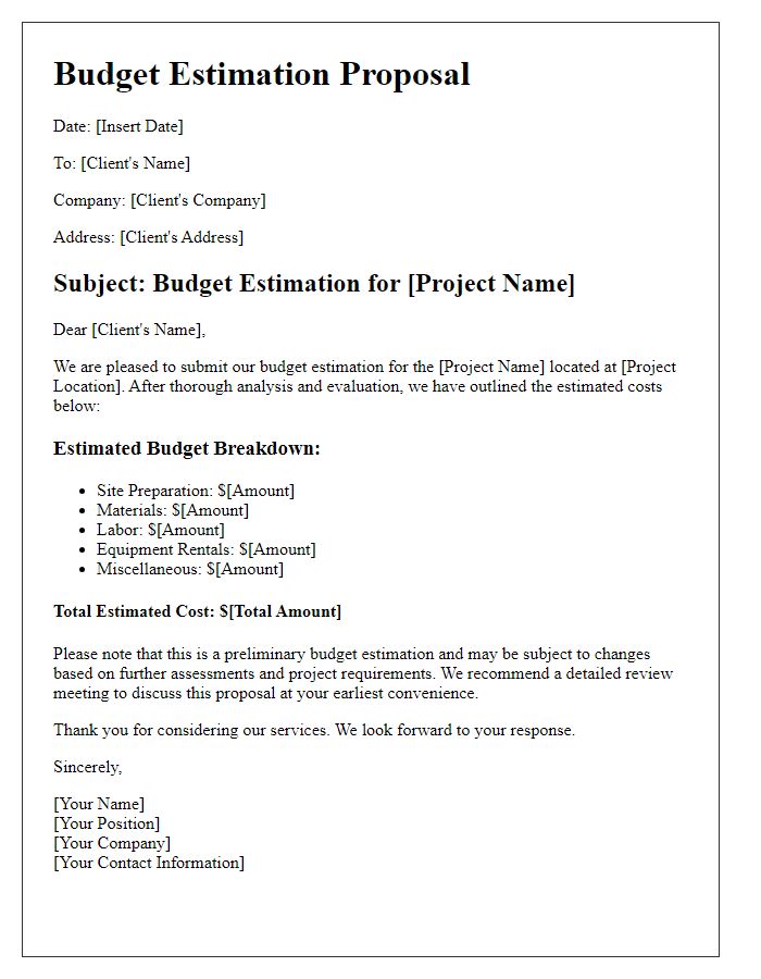 Letter template of civil engineering budget estimation