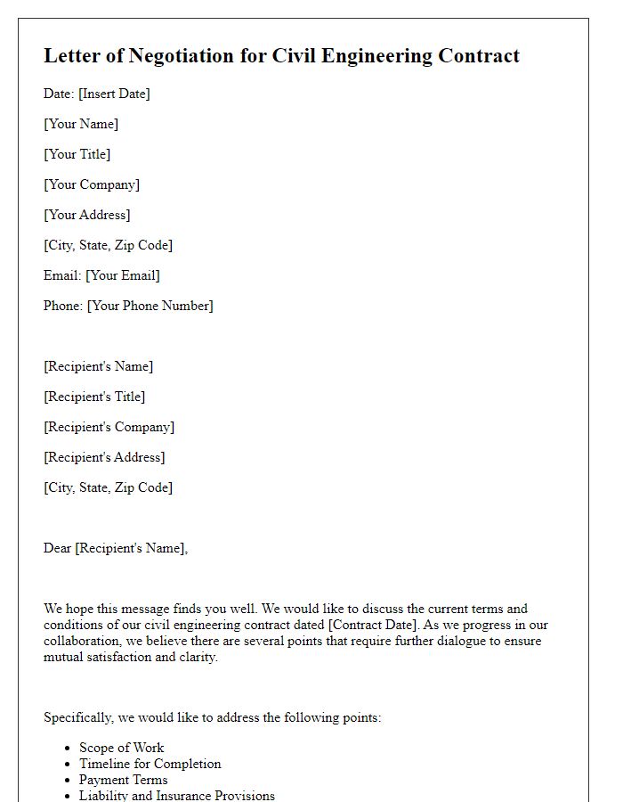 Letter template of civil engineering contract negotiation