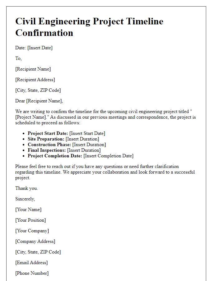 Letter template of civil engineering project timeline confirmation