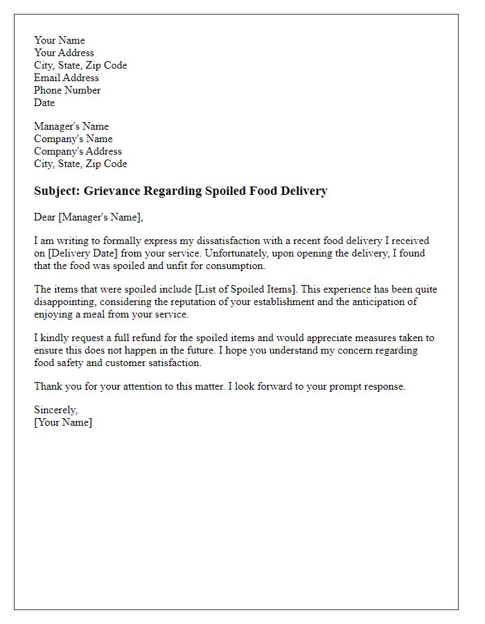 Letter template of grievance about spoiled food delivery.