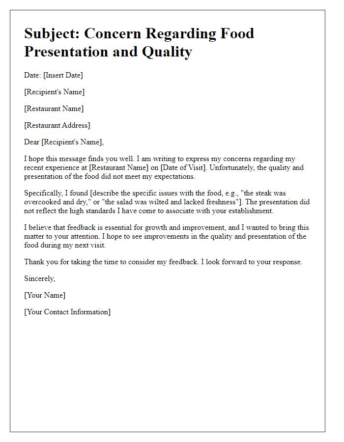 Letter template of issue with food presentation and quality.