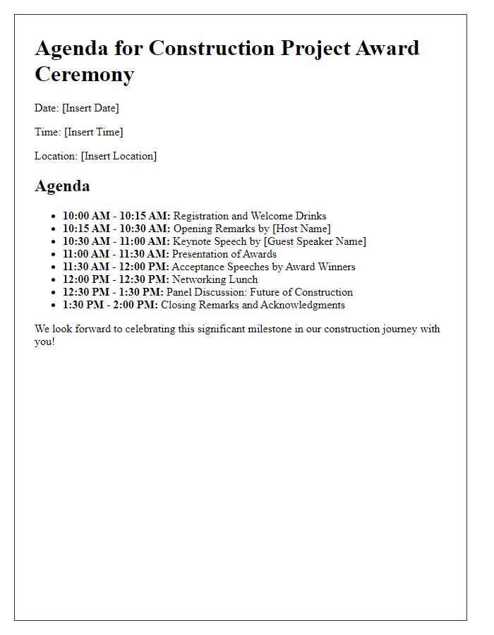 Letter template of agenda for construction project award ceremony