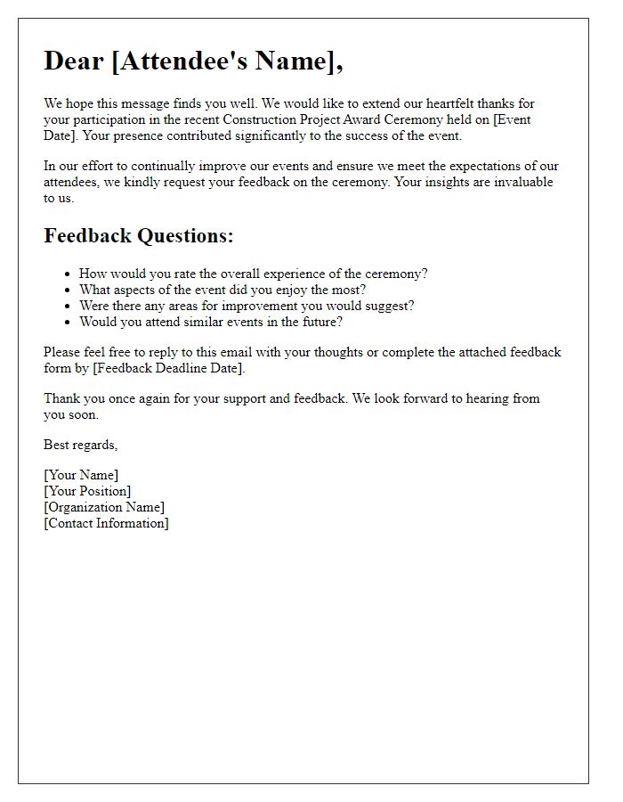 Letter template of feedback request from attendees of construction project award ceremony