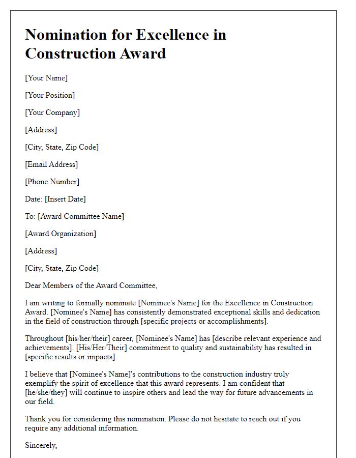 Letter template of nomination for excellence in construction award