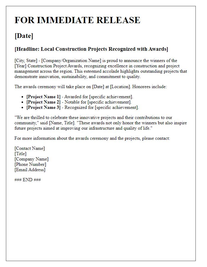 Letter template of press release for construction project award winners