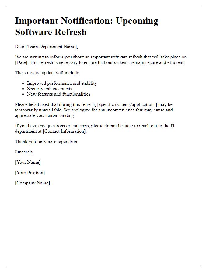 Letter template of alert regarding software refresh.