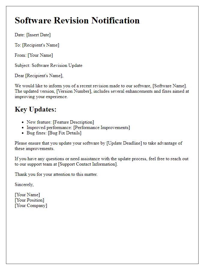 Letter template of information on software revision.