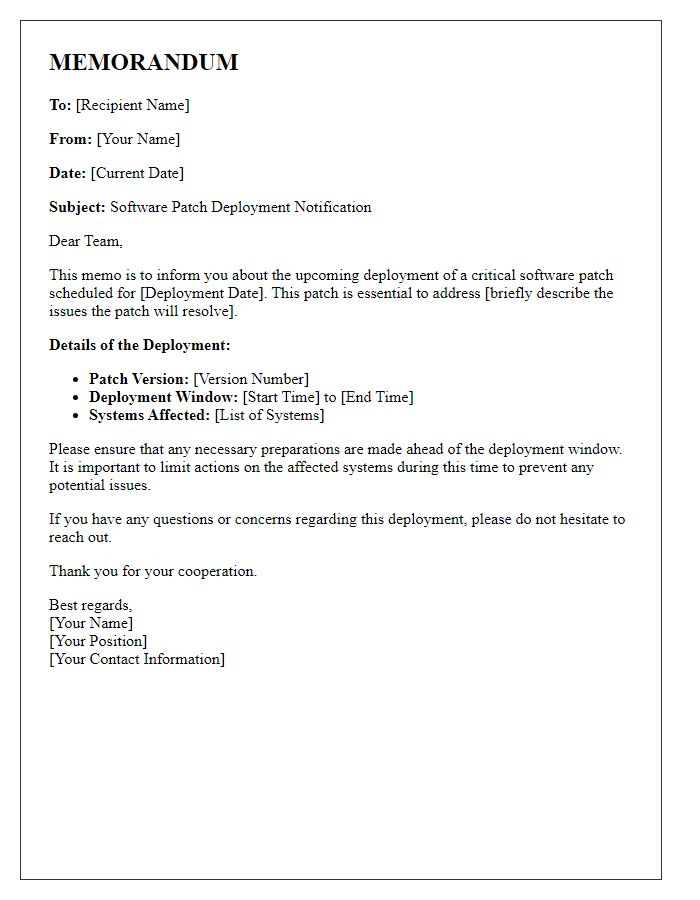 Letter template of memo for software patch deployment.