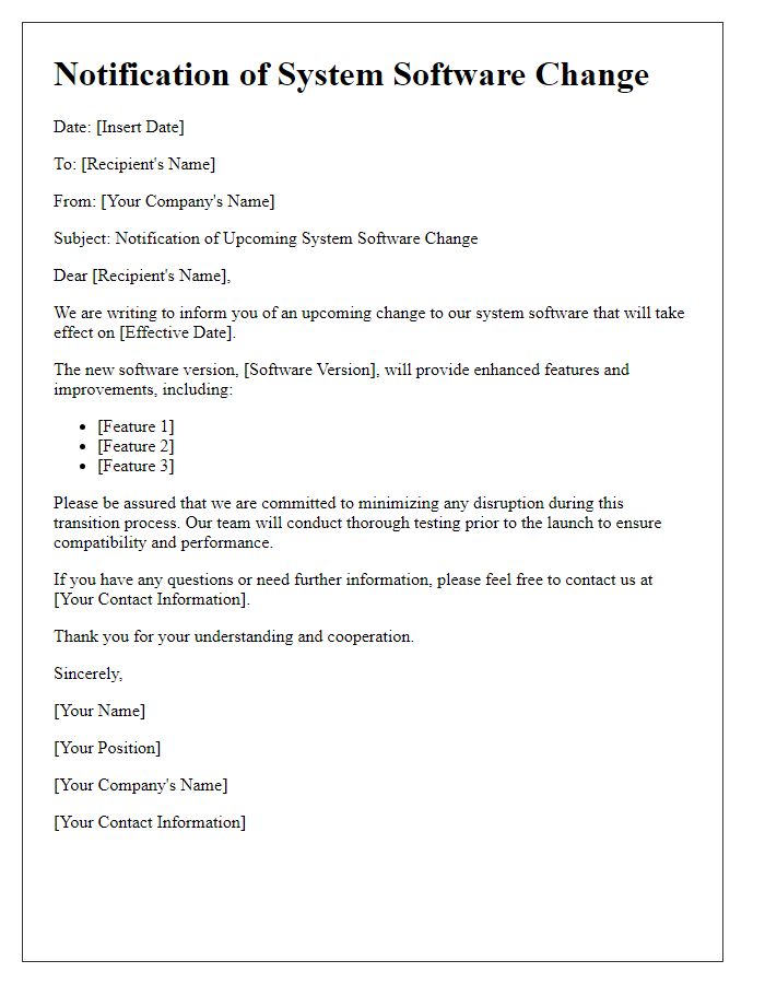 Letter template of notification for system software change.