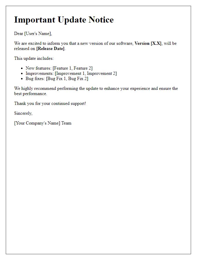 Letter template of update notice for software version.