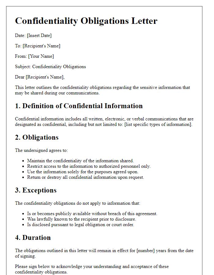 Letter template of confidentiality obligations outline