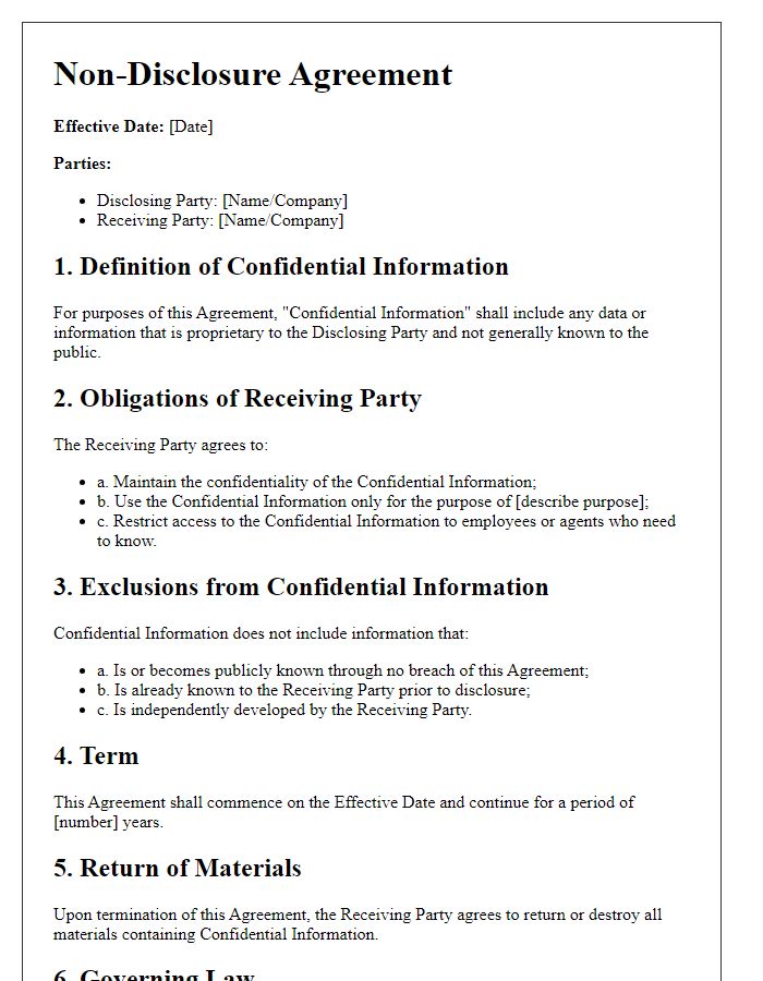 Letter template of non-disclosure contract clauses